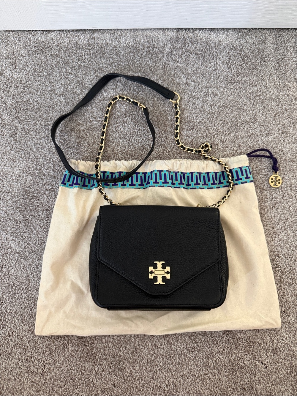 Tory Burch Black Leather Kira Mini Chain Crossbody with Gold Logo Chain